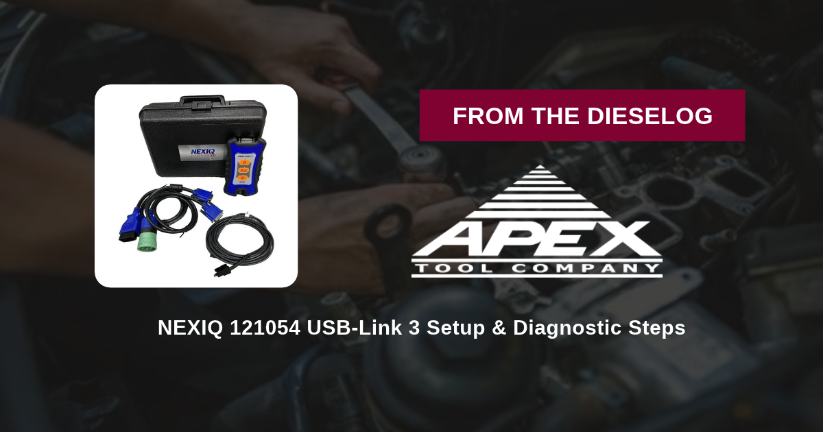 Step-by-step close up layout of NEXIQ 121054 USB Link 3 wired VCI connected to a laptop and truck diagnostic port